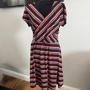 V-Neck Faux Wrap Multi Colored Stripped Ribbed Dress